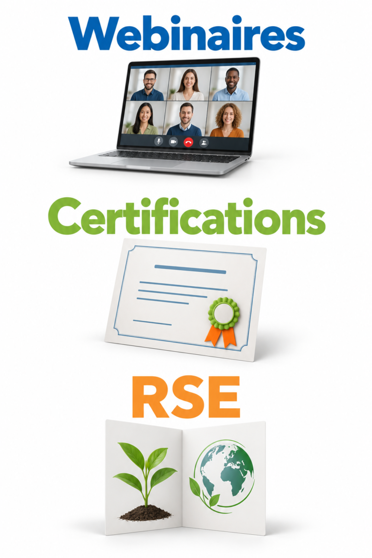 Webinaires, certifications et RSE illustrés par un ordinateur en visioconférence, un certificat et un livret sur l’environnement.